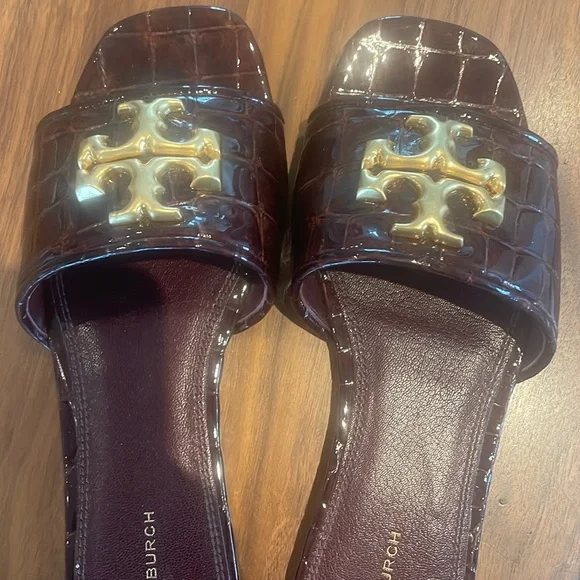 Tory Burch “Eleanor” Cordovan Croc-Embossed Slides - Picture 2 of 4